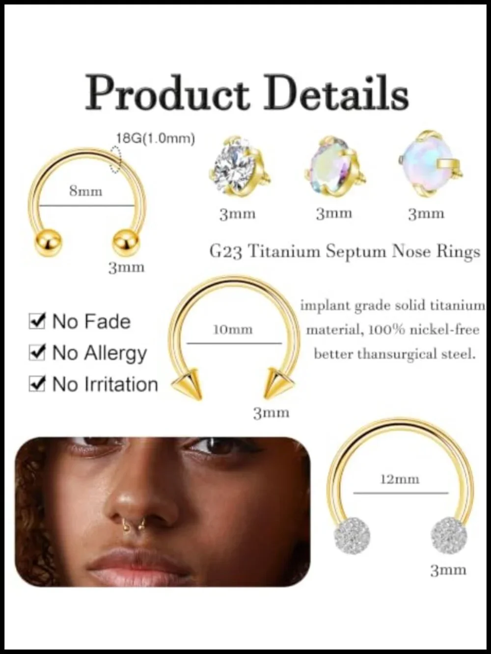 G23 Titanium Horseshoe Nose Ring Septum Hoop Opal CZ Interchangeable
